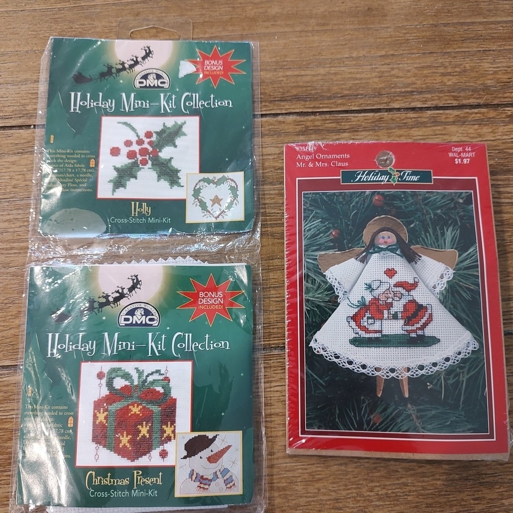 Holiday Mini Collection Cross Stitch Mini Kit Lot Of 3 Angel Present Holly 2006 - Picture 1 of 9